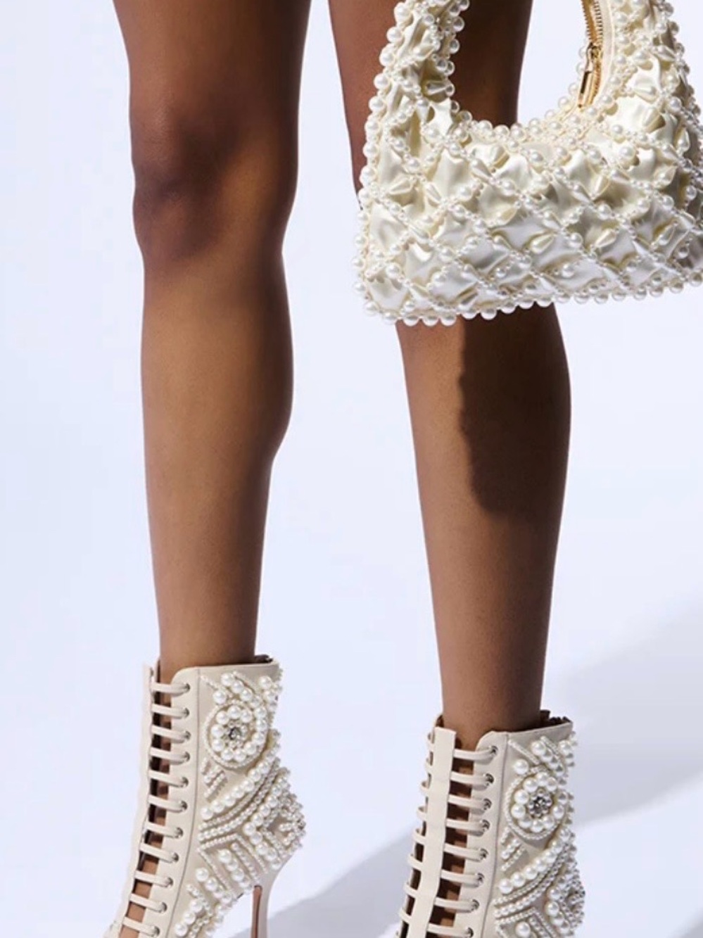 Pearl-Embellished Cream Lace-Up Peep-Toe Stiletto Booties - Picture 2 of 9